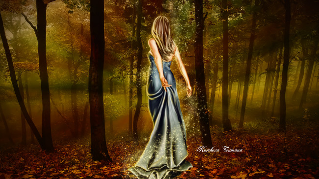 Обои картинки фото рисованные, люди, листья, деревья, лес, спина, волосы, платье, огоньки, магия, девушка