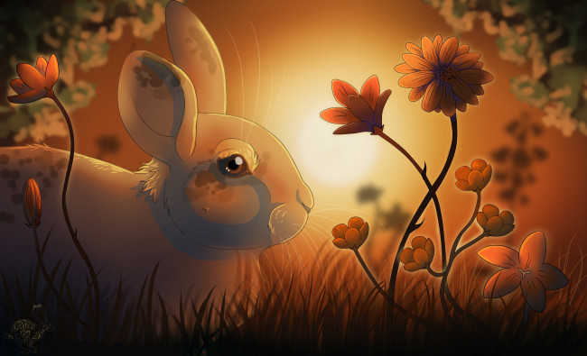 Обои картинки фото рисованные, животные, зайцы, кролики, цветы, заяц, осень