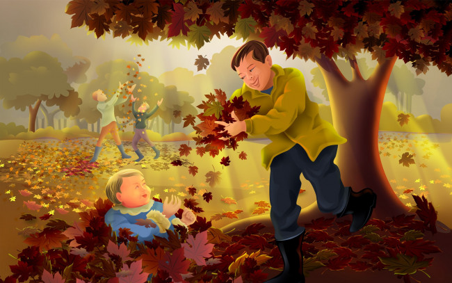 Обои картинки фото рисованные, люди, осень, листья
