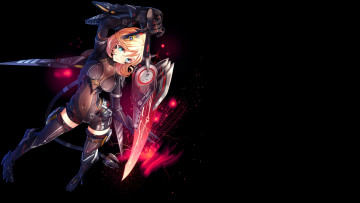 Картинка аниме оружие +техника +технологии взгляд костюм девушка тёмный арт yam2344 фон блондинка меч