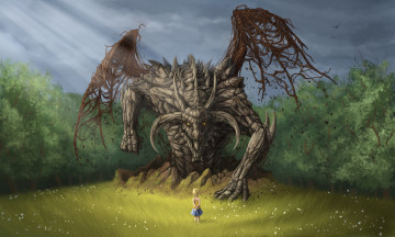 Картинка фэнтези драконы крылья взгляд дракон лес ромашки арт фантастика полянка девочка
