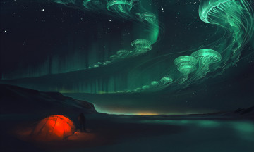 Картинка фэнтези иные+миры +иные+времена силуэт человек свет медузы art сияние небо звёздное ночь палатка