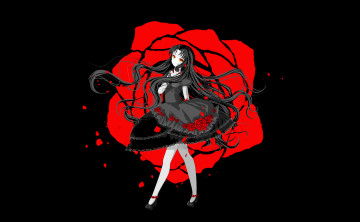 Картинка аниме unknown +другое черный фон лепестки розы платье взгляд девушка