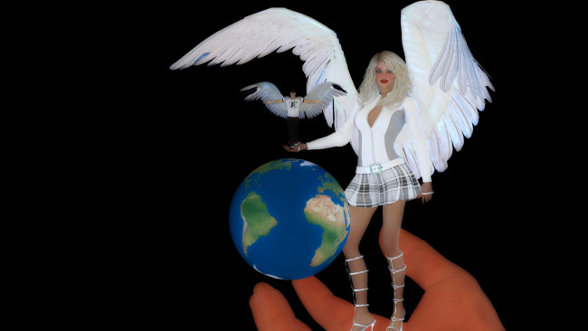 Обои картинки фото 3д графика, ангел , angel, глобус, ангел, крылья, взгляд, фон, девушка
