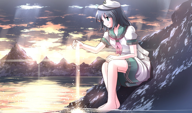 Обои картинки фото аниме, touhou, облака, небо, горы, пейзаж, девушка, арт, murasa, лучи, озеро, risutaru, minamitsu