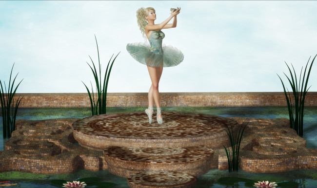 Обои картинки фото 3д графика, люди , people, девушка, взгляд, балерина, лягушка, бассейн, растение