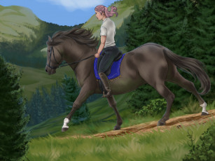 обоя рисованное, животные,  лошади, взгляд, лес, горы, девушка, лошадь, фон