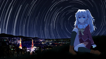 Картинка аниме charlotte ночь девочка звездное небо огни город tomori nao арт