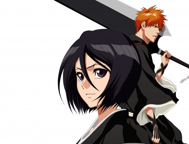 Обои картинки фото аниме, bleach, рукия, блич, ичиго, арт