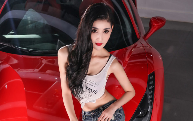 Обои картинки фото автомобили, -авто с девушками, фон, взгляд, девушка, азиатка, автомобиль