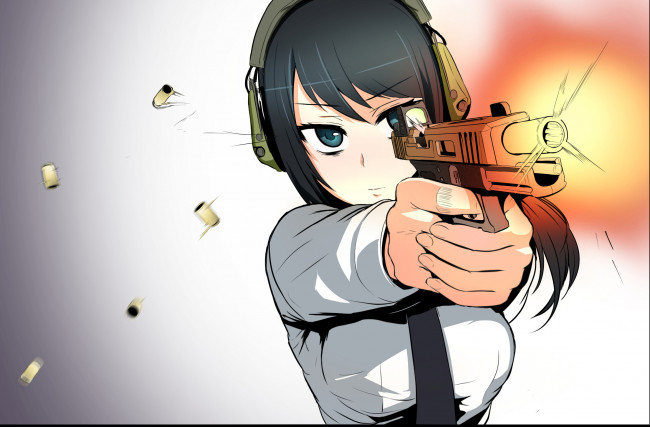 Обои картинки фото аниме, оружие,  техника,  технологии, взгляд, девушка, арт, leewh1515, пистолет, гильзы