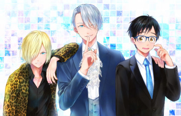 обоя аниме, yuri on ice, парни, взгляд, фон