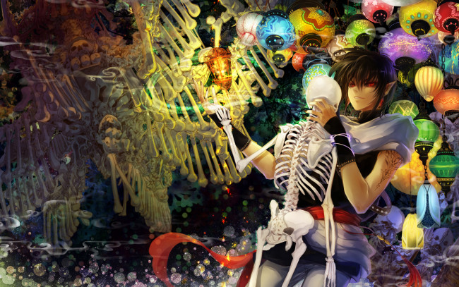 Обои картинки фото аниме, магия,  колдовство,  halloween, парень, кости, скелет, фонарики, эльф