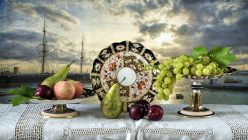 Картинка еда фрукты +ягоды персик груша слива виноград
