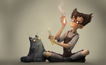 Картинка рисованное люди julien kaspar учёный парень арт кот