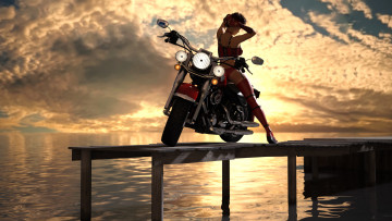 Картинка 3д+графика люди-авто мото+ people-+car+ +moto девушка фон причал вода мотоцикл закат