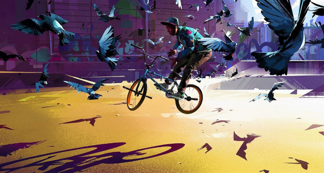 Обои картинки фото рисованное, люди, парень, велосипед, трюк, голуби, город