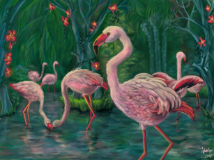 обоя рисованные, животные, птицы, фламинго