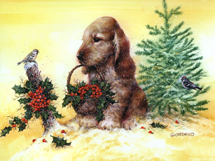 Картинка рисованные животные щенок птица корзинка