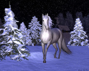 Картинка 3д графика animals животные снег ели лошадь
