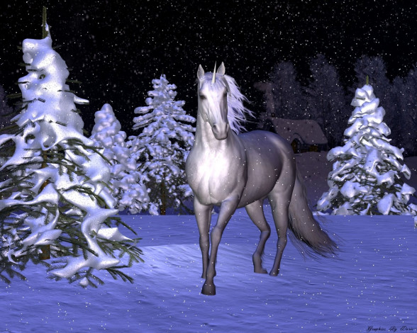Обои картинки фото 3д, графика, animals, животные, снег, ели, лошадь