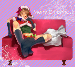 обоя by shimosaki kaname, аниме, -merry chrismas & winter, шапка, девушка, костюм, накидка, бант, диван, подарки, мешок