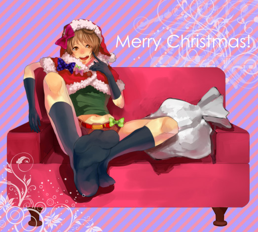 Обои картинки фото by shimosaki kaname, аниме, -merry chrismas & winter, шапка, девушка, костюм, накидка, бант, диван, подарки, мешок