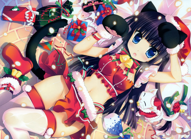 Обои картинки фото by fujima takuya, аниме, -merry chrismas & winter, снег, шапка, лапы, хвост, кошка, ушки, колокольчик, костюм, девушка, подарки