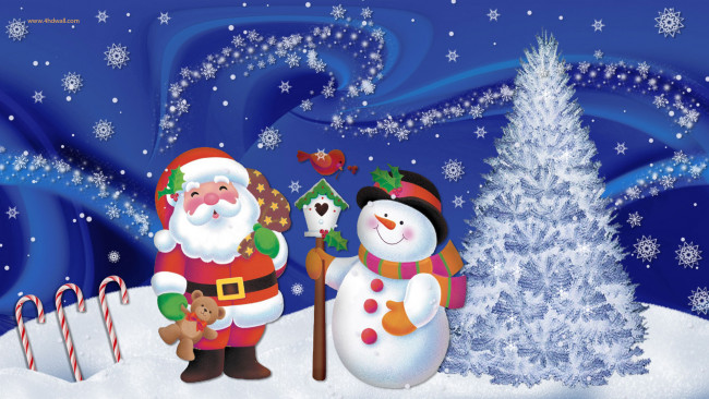 Обои картинки фото праздничные, векторная графика , новый год, снеговик, дед, мороз, снежинки, снег, ель