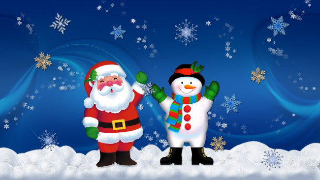 Обои картинки фото праздничные, векторная графика , новый год, дед, мороз, снег, снежинки, снеговик