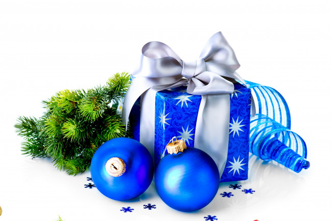 Обои картинки фото праздничные, подарки и коробочки, ветка, шарики, коробка, подарок, лента