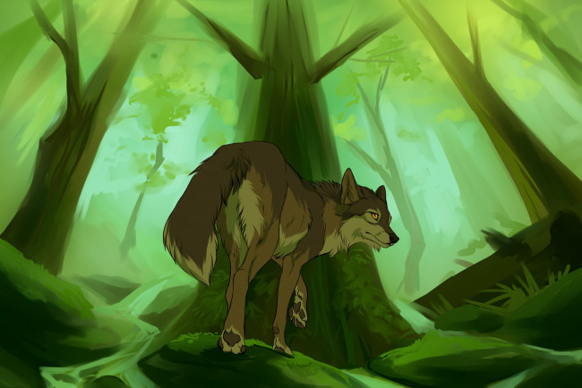 Обои картинки фото рисованные, животные,  волки, зеленый, волк, лес