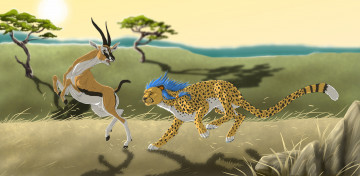 обоя рисованное, животные, савана, антилопа, леопард