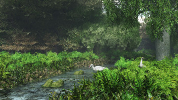 Картинка 3д+графика природа+ nature река лето деревья трава гуси