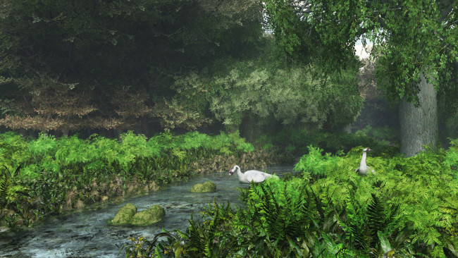 Обои картинки фото 3д графика, природа , nature, река, лето, деревья, трава, гуси