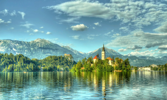 Обои картинки фото slovenia, города, - пейзажи, горы, озеро, остров, замок