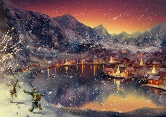 Картинка аниме зима +новый+год +рождество пейзаж