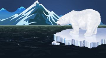 обоя векторная графика, животные , animals, белый, медведь, море, фон, горы, полярный, льдина, минимализм