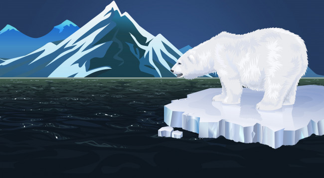 Обои картинки фото векторная графика, животные , animals, белый, медведь, море, фон, горы, полярный, льдина, минимализм