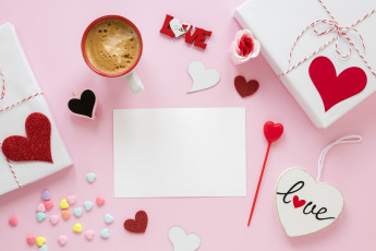 Картинка праздничные день+святого+валентина +сердечки +любовь надпись подарки сердечки кофе