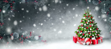 обоя праздничные, ёлки, елка, снег, подарки