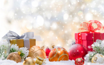 Картинка праздничные подарки+и+коробочки шарики снег банты подарки