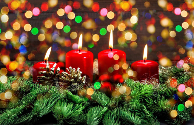 Обои картинки фото праздничные, новогодние свечи, свечи, огоньки, шишки
