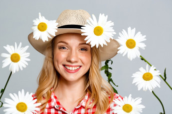 Картинка девушки -+блондинки +светловолосые шляпа ромашки улыбка