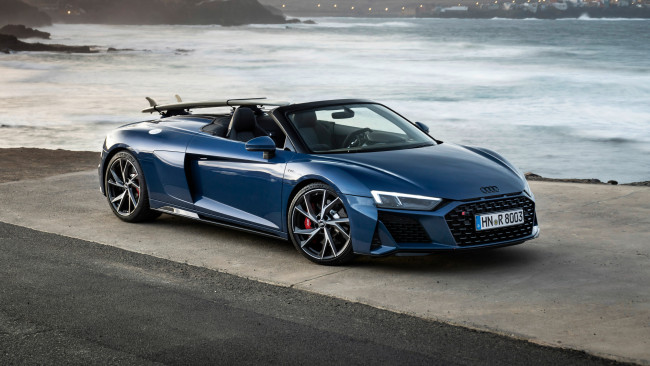 Обои картинки фото audi r8 spyder v10 performance rwd 2021, автомобили, audi, r8, spyder, v10, performance, rwd, кабриолет, ауди, побережье