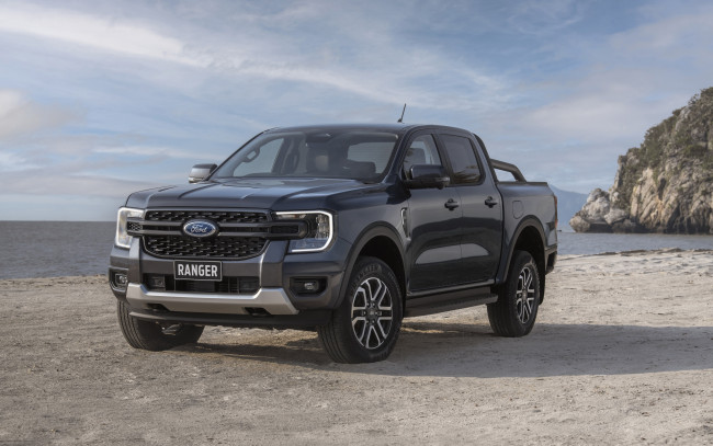 Обои картинки фото 2023 ford ranger sport , au, автомобили, ford, ranger, sport, 4k, вид, спереди, экстерьер, австралийская, версия, новый, серый, рейнджер, спорт, американские, форд, пикап, побережье