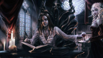 обоя фэнтези, маги,  волшебники, маг, трон, бокал, книга, свечи, демонесса
