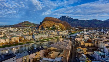 обоя города, зальцбург , австрия, горы, река, мосты, панорама