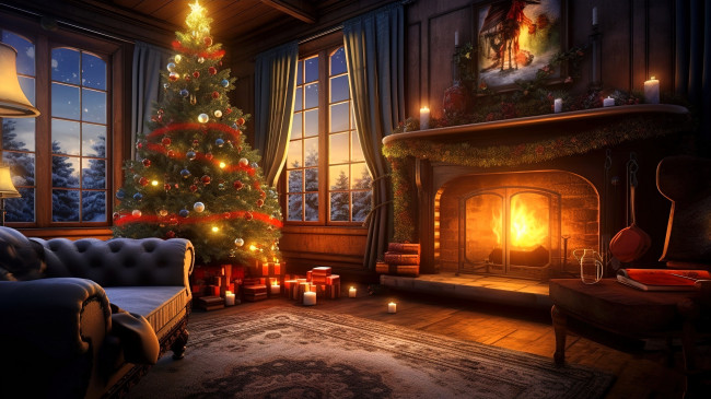 Обои картинки фото рисованное, праздники, комната, ёлка, камин, кресло, подарки, свечи