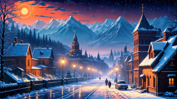 обоя рисованное, города, город, снег, горы, деревья
